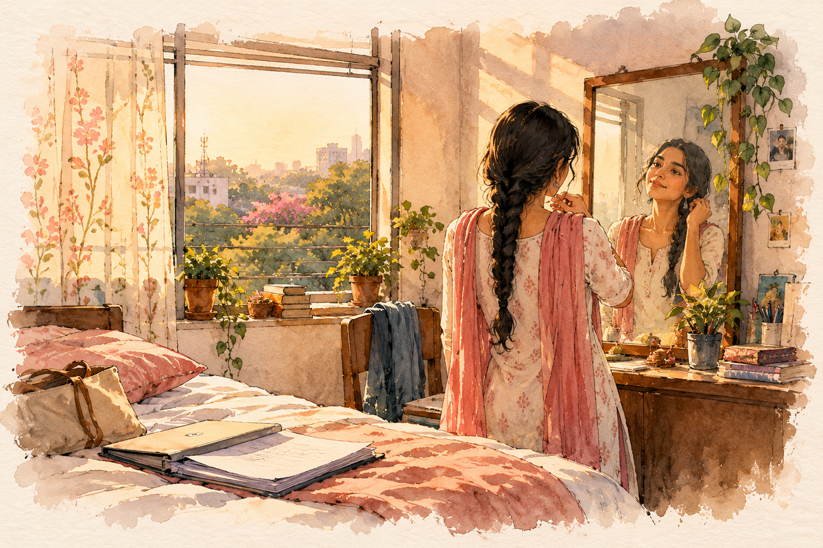 A young woman in a kurta smiles at her reflection before an interview