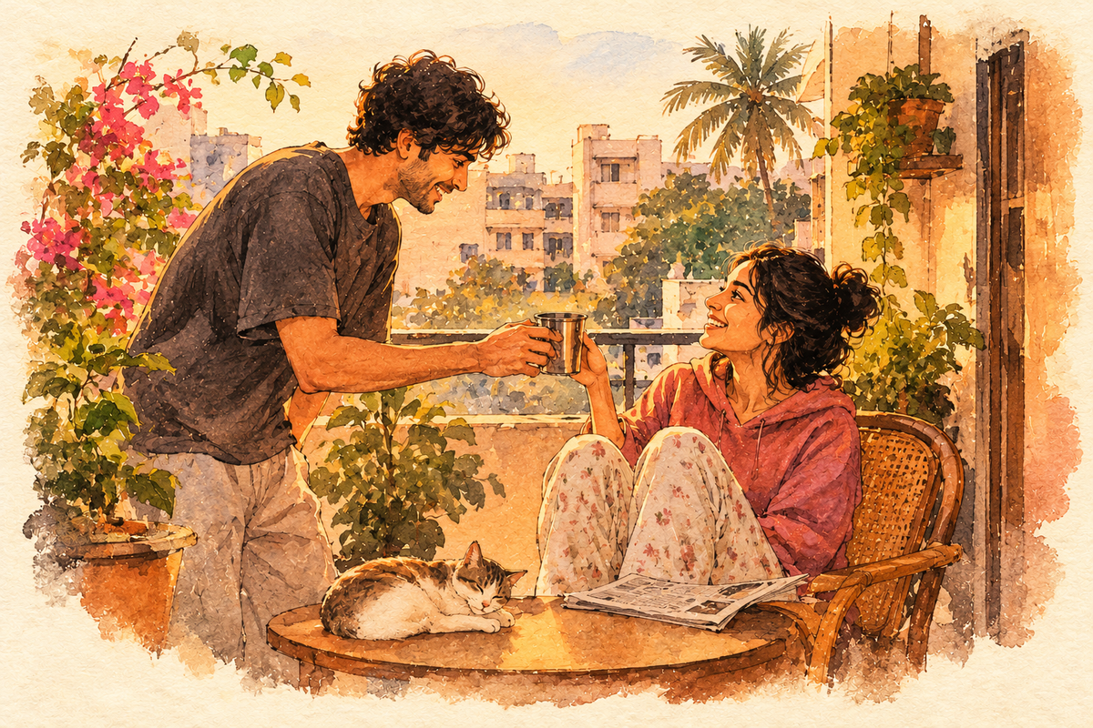 A young man hands a young woman in a hoodie a tumbler of filter coffee on a sunny Bengaluru balcony