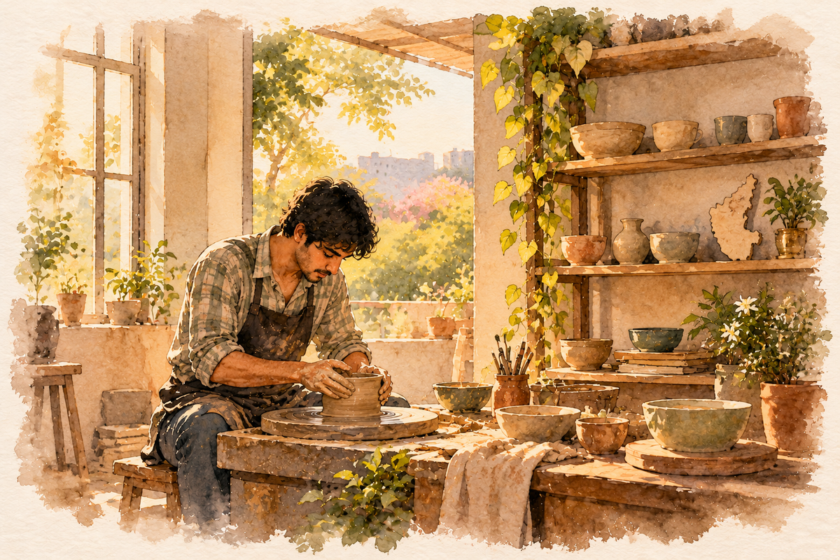 A young man shapes clay at a pottery wheel among lopsided bowls